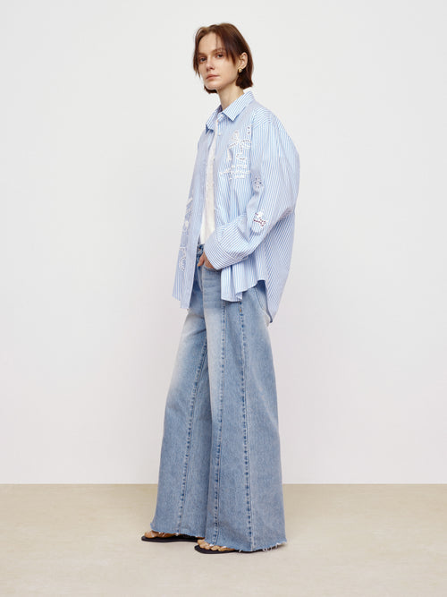 Hollow Embroidered Striped Shirt