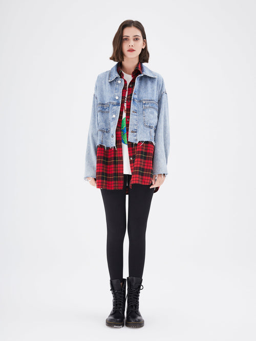 Red Plaid Shirt Denim Jacket - Urlazh New York