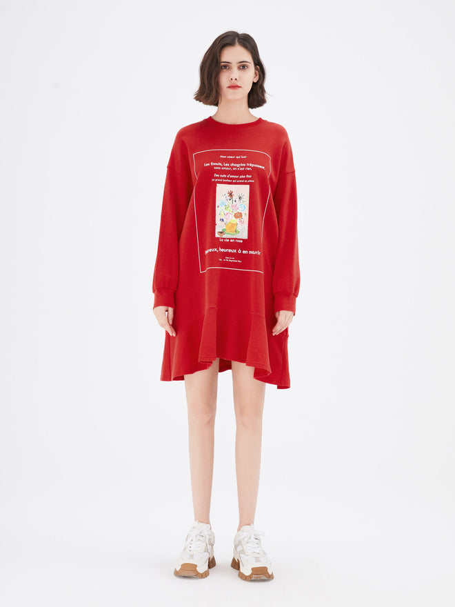 Red Oversized Graphic Print Sweatshirt Dress - Urlazh New York