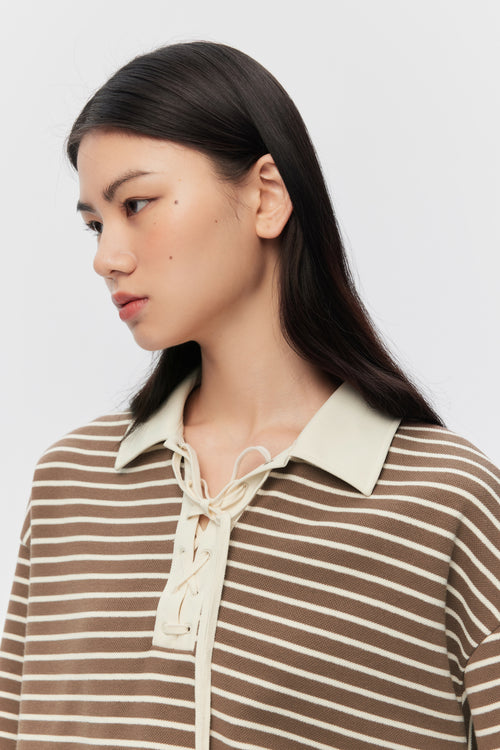 Lace-up Striped Polo Shirt