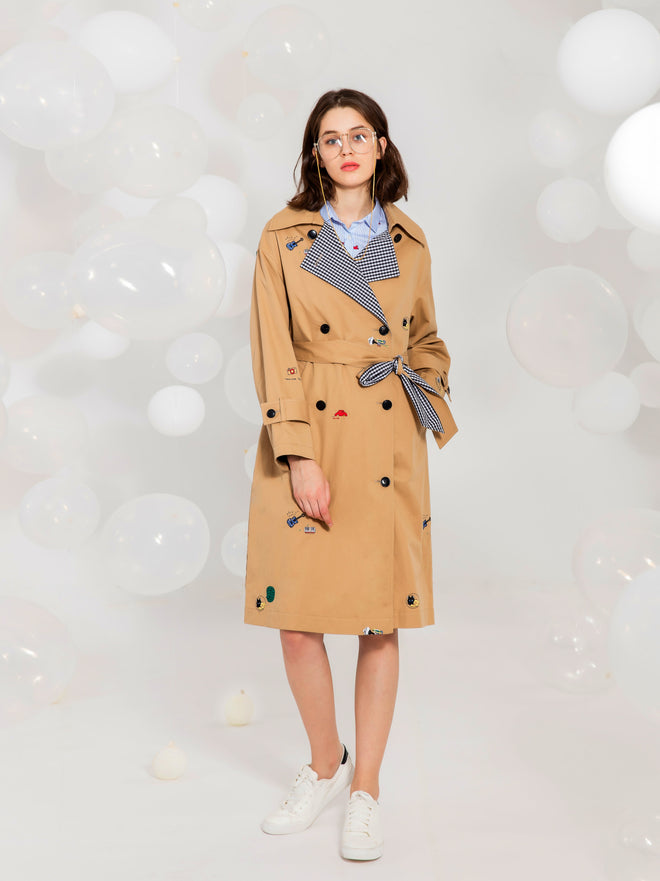 Beige Embroidered Double Breasted Trench Coat - Urlazh New York