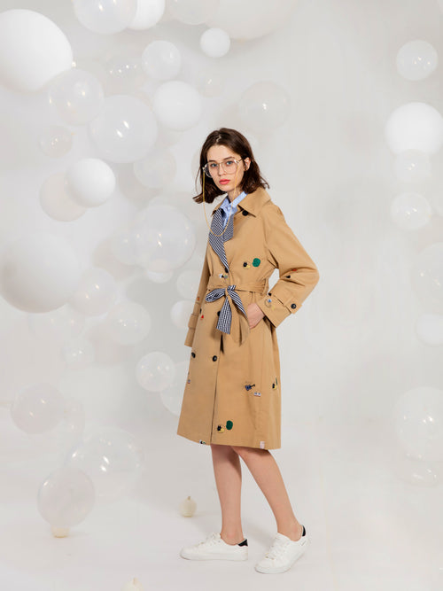 Beige Embroidered Double Breasted Trench Coat - Urlazh New York