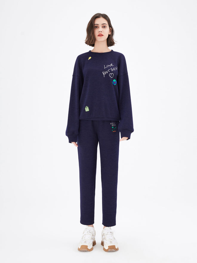 Navy Graphic Embroidered Cropped Track Pants - Urlazh New York