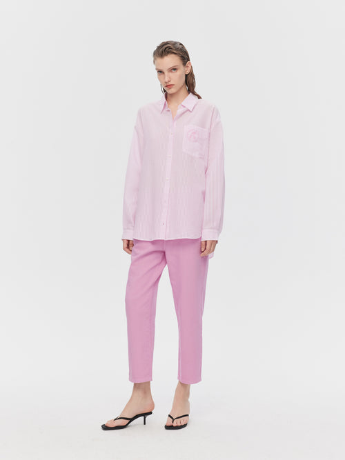 ソフトミスティピンクのストライプロングシャツ