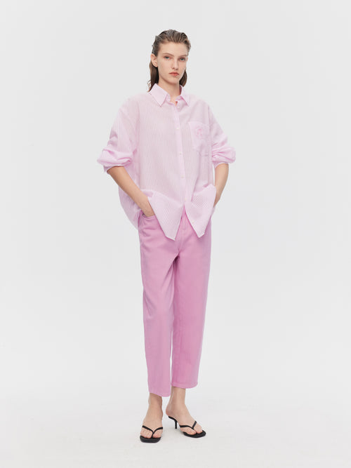 ソフトミスティピンクのストライプロングシャツ