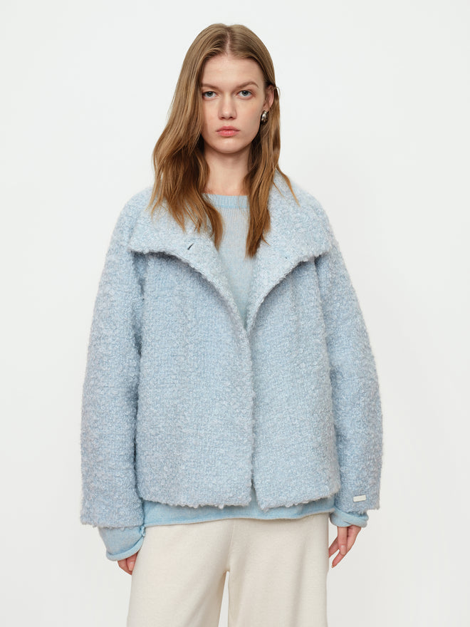 Soft Fog Blue Looped Tweed Short Coat