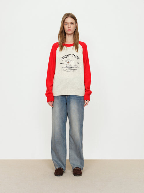 Afternoon Tea Cat Color Blocked Sweater