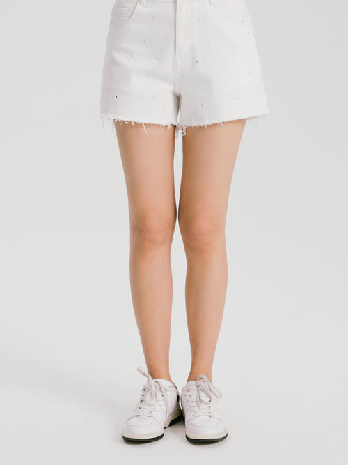 Burlap Trim Denim Shorts-White