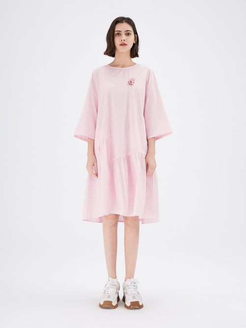 Pink Crewneck T-shirt Embroidered Crepe Dress - Urlazh New York