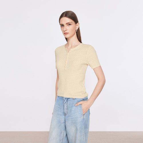 Vintage Cable Knit Cotton Top-Yellow
