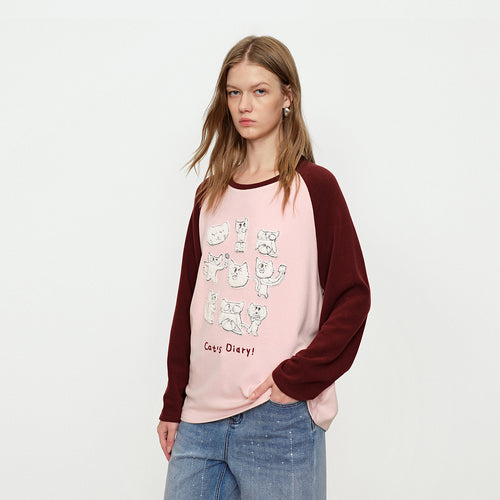 Cute Cat Diary Color Blocked Tee Shirt