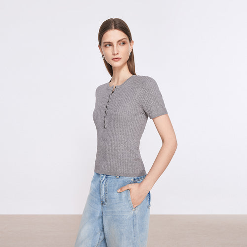 Vintage Cable Knit Cotton Top-Gray