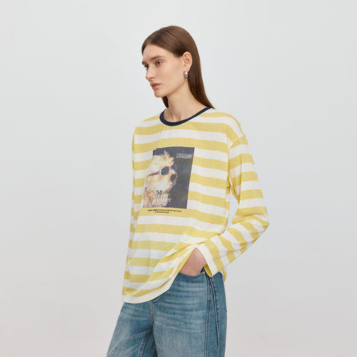 Yellow & White Striped Relaxed Shirt with Yorkie Print