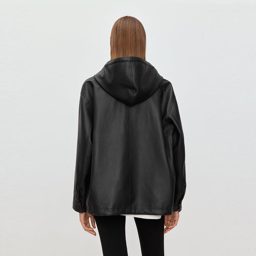 Classic Black Hooded Leather Jacket