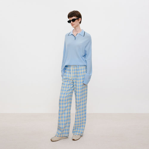 Blue & White Plaid Pleated Pants