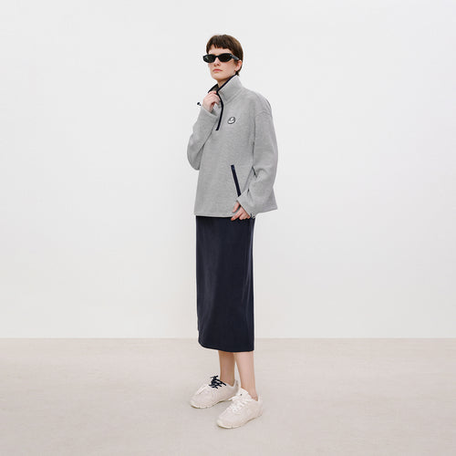 Navy Fleece Slit Maxi Skirt