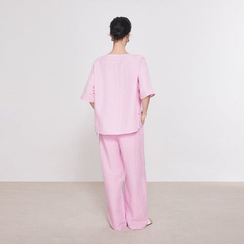 Blush Pink Bow Linen Blouse