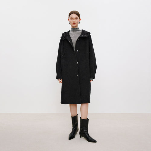 Dark Chocolate Poster Hooded Double-Faced Wool Coat