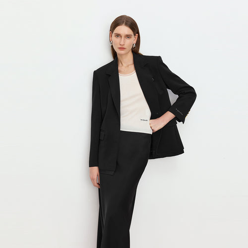 Midnight Black Blazer with Rhinestone Logo & Satin Trim