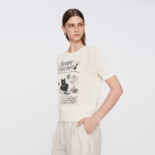 Elegant Cat Short-Sleeve Knit Top
