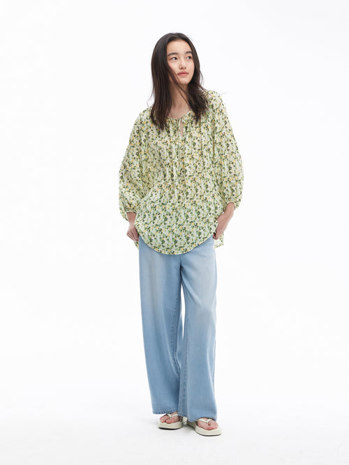 Floral Silk Stacked Pleat Pullover