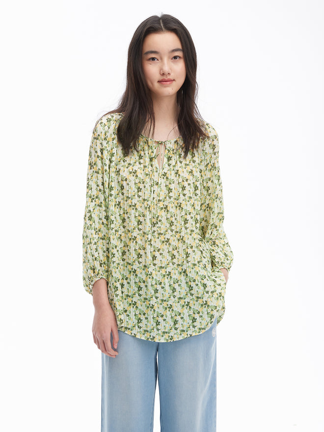 Floral Silk Stacked Pleat Pullover