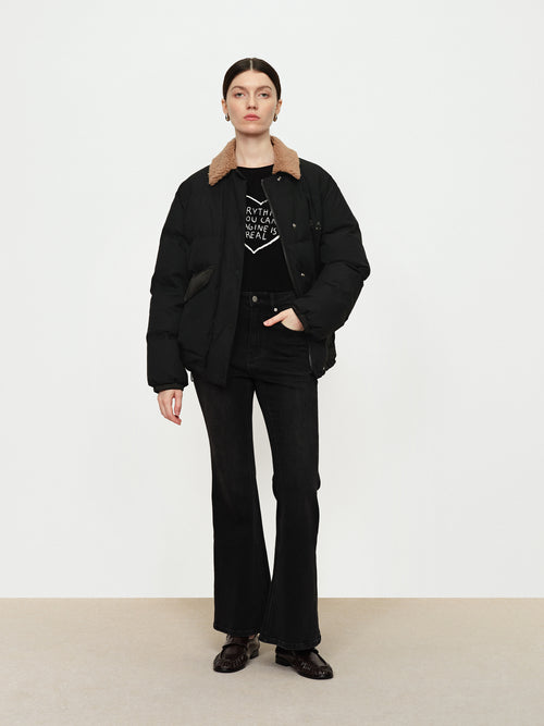 Color Blocked Lamb Fur Collar Down Jacket