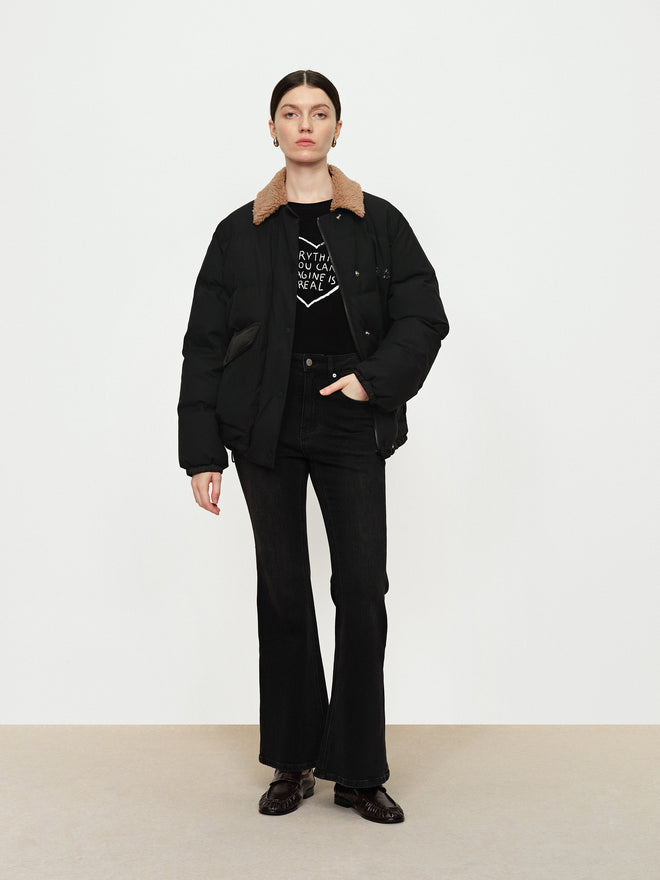 Color Blocked Lamb Fur Collar Down Jacket