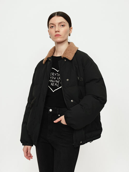 Color Blocked Lamb Fur Collar Down Jacket