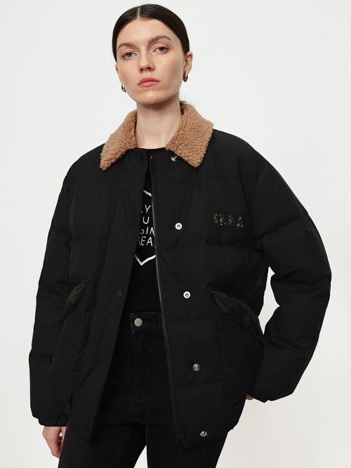 Color Blocked Lamb Fur Collar Down Jacket