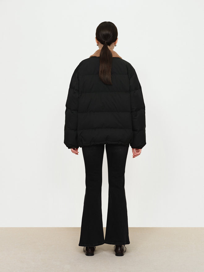 Color Blocked Lamb Fur Collar Down Jacket