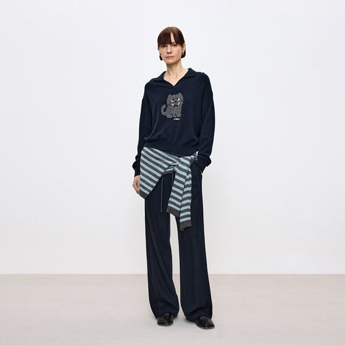 Deep Navy Decorative Trim Straight Pants