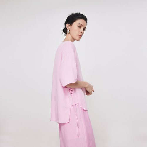 Blush Pink Bow Linen Blouse