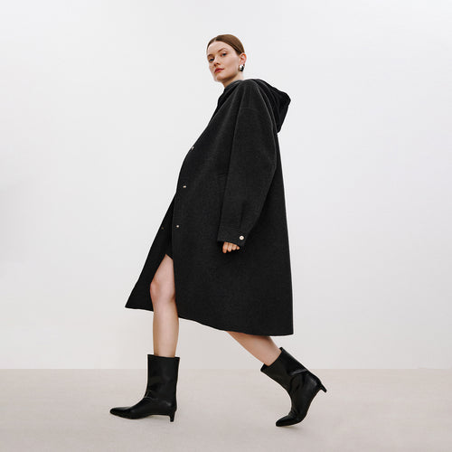 Dark Chocolate Poster Hooded Double-Faced Wool Coat