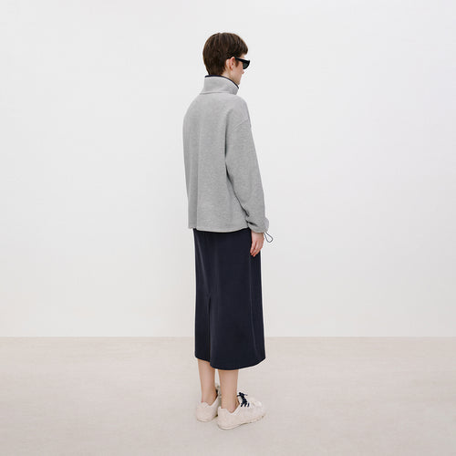 Navy Fleece Slit Maxi Skirt