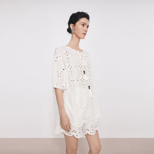 Vacation Style Openwork Embroidered Blouse