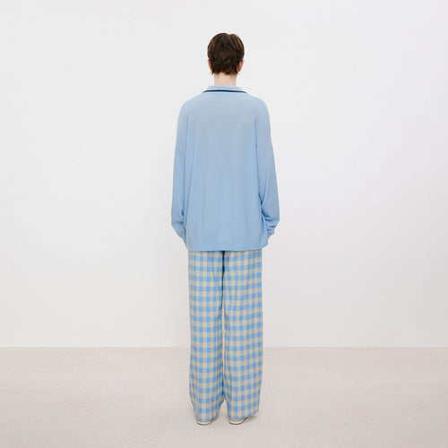 Blue & White Plaid Pleated Pants
