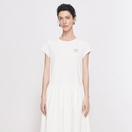 Puff White Knit & Woven Patchwork Dress