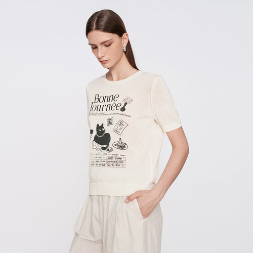 Elegant Cat Short-Sleeve Knit Top