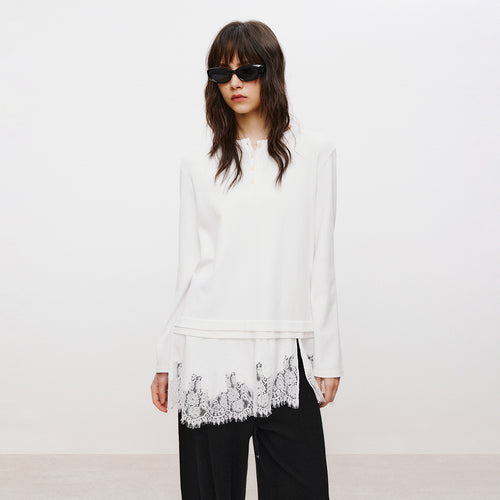 Lace Hem Tee Blouse White