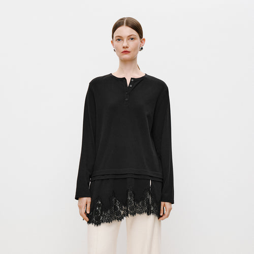 Lace Hem Tee Blouse Black