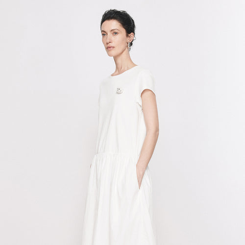 Puff White Knit & Woven Patchwork Dress