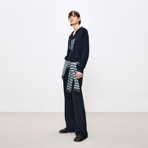 Deep Navy Decorative Trim Straight Pants