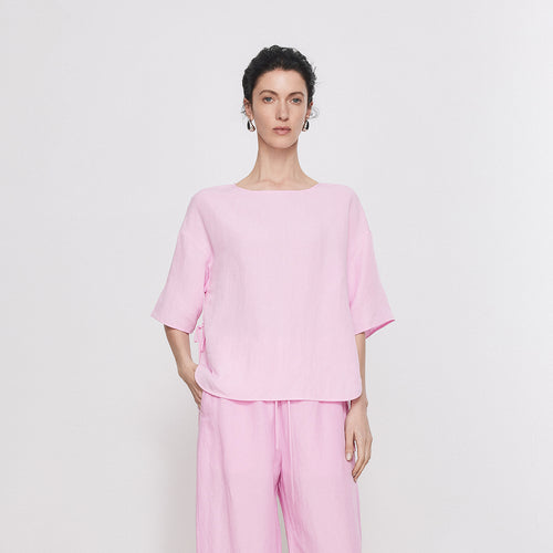 Blush Pink Bow Linen Blouse