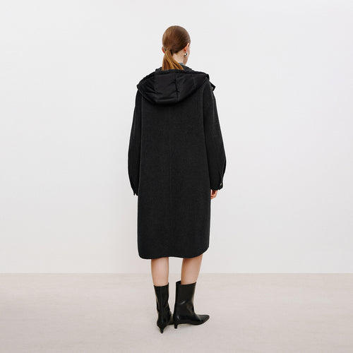 Dark Chocolate Poster Hooded Double-Faced Wool Coat
