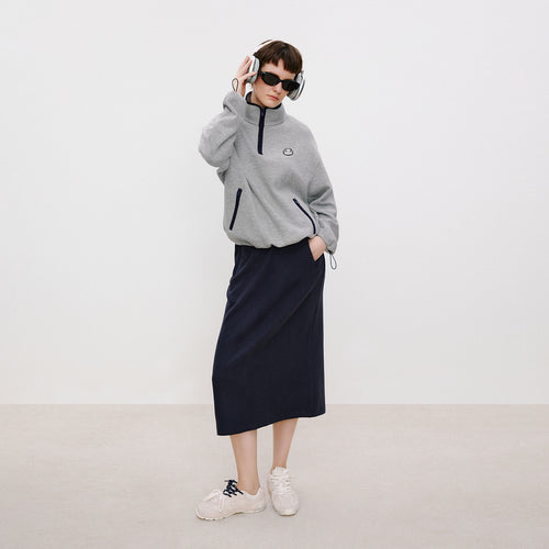 Navy Fleece Slit Maxi Skirt