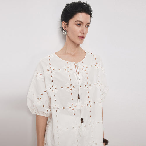 Vacation Style Openwork Embroidered Blouse