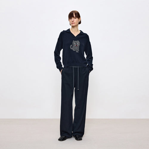 Deep Navy Decorative Trim Straight Pants