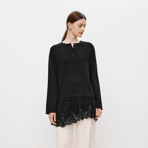 Lace Hem Tee Blouse Black