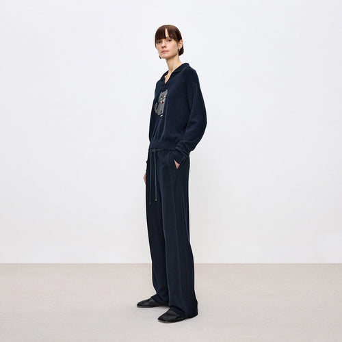 Deep Navy Decorative Trim Straight Pants